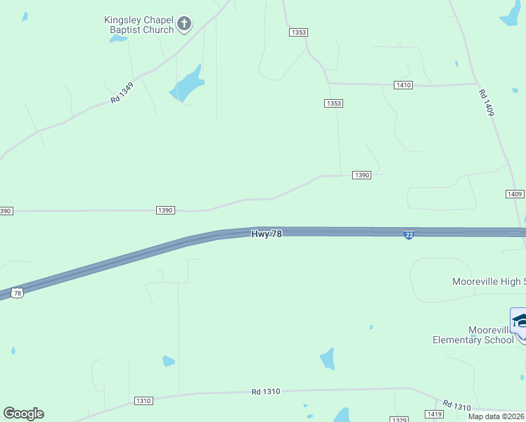 map of restaurants, bars, coffee shops, grocery stores, and more near 295 Road 1390 in Mooreville