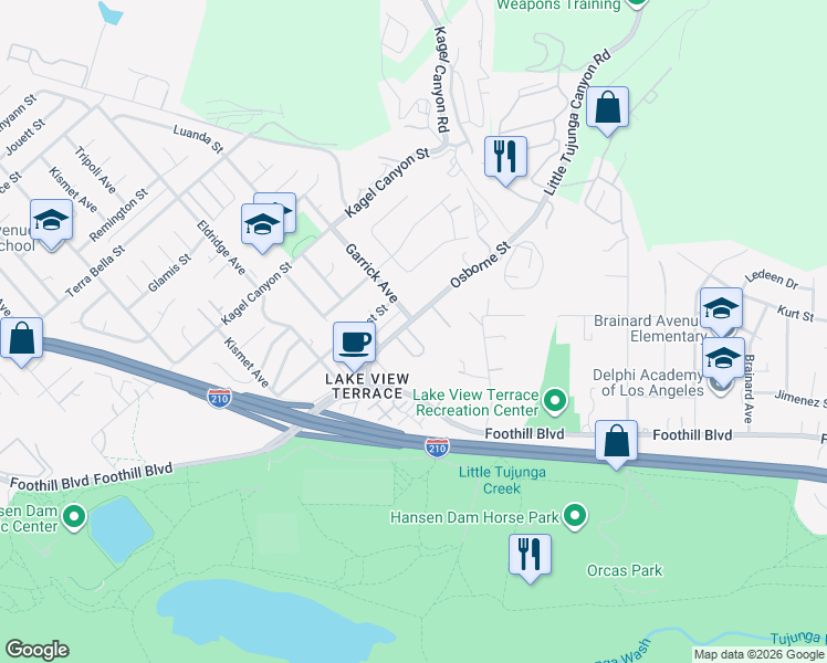 map of restaurants, bars, coffee shops, grocery stores, and more near 11260 Osborne Street in Los Angeles