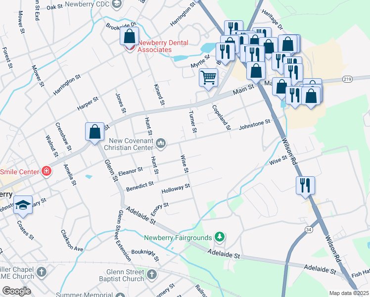 map of restaurants, bars, coffee shops, grocery stores, and more near 2330 Johnstone Street in Newberry