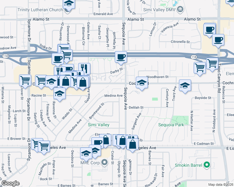map of restaurants, bars, coffee shops, grocery stores, and more near 2433 Medina Avenue in Simi Valley