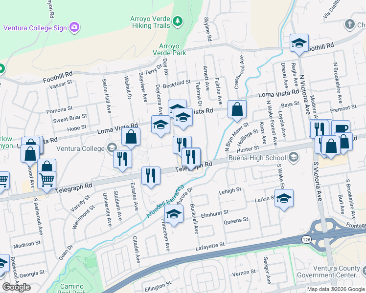 map of restaurants, bars, coffee shops, grocery stores, and more near 80 Day Road in Ventura