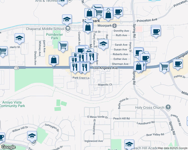 map of restaurants, bars, coffee shops, grocery stores, and more near 100 South Moorpark Avenue in Moorpark