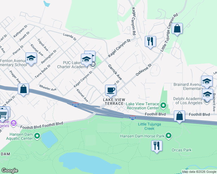 map of restaurants, bars, coffee shops, grocery stores, and more near 11335 Sunburst Street in Los Angeles