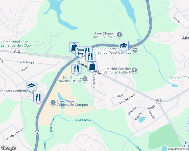 map of restaurants, bars, coffee shops, grocery stores, and more near 2803 Florence Drive in Gainesville
