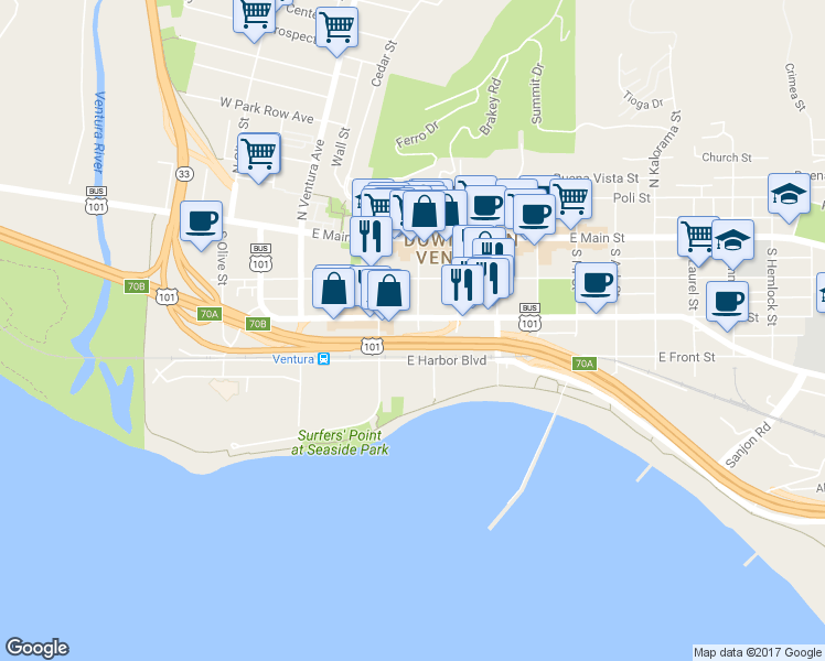 map of restaurants, bars, coffee shops, grocery stores, and more near 225 South Palm Street in Ventura