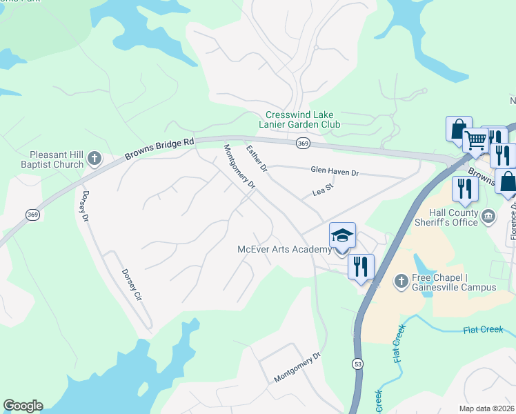 map of restaurants, bars, coffee shops, grocery stores, and more near 3663 Cresswind Parkway Southwest in Gainesville
