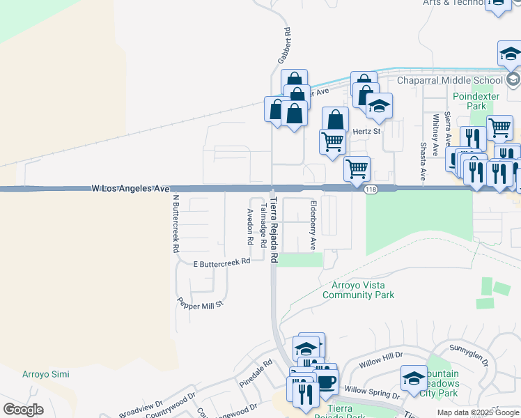 map of restaurants, bars, coffee shops, grocery stores, and more near 4854 Avedon Road in Moorpark