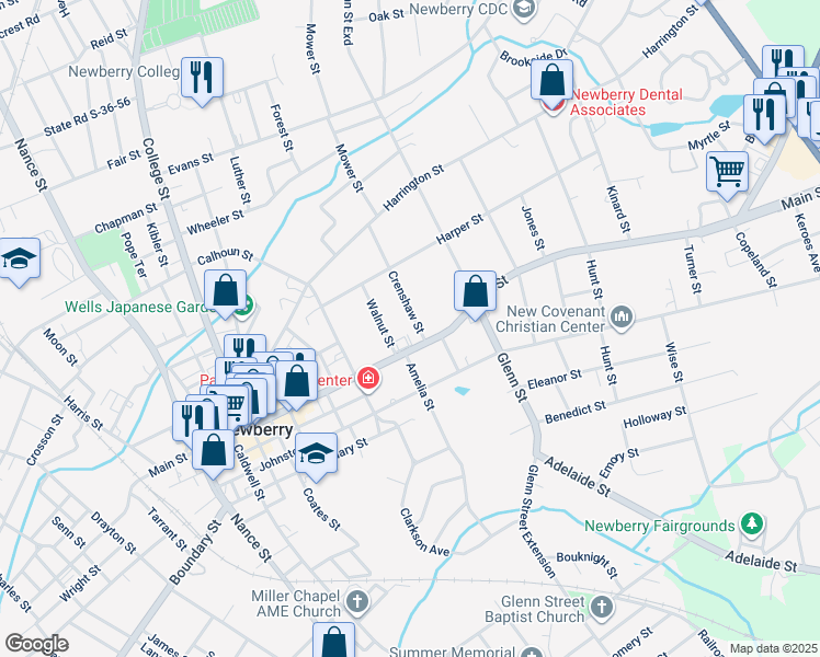 map of restaurants, bars, coffee shops, grocery stores, and more near 1213 Crenshaw Street in Newberry
