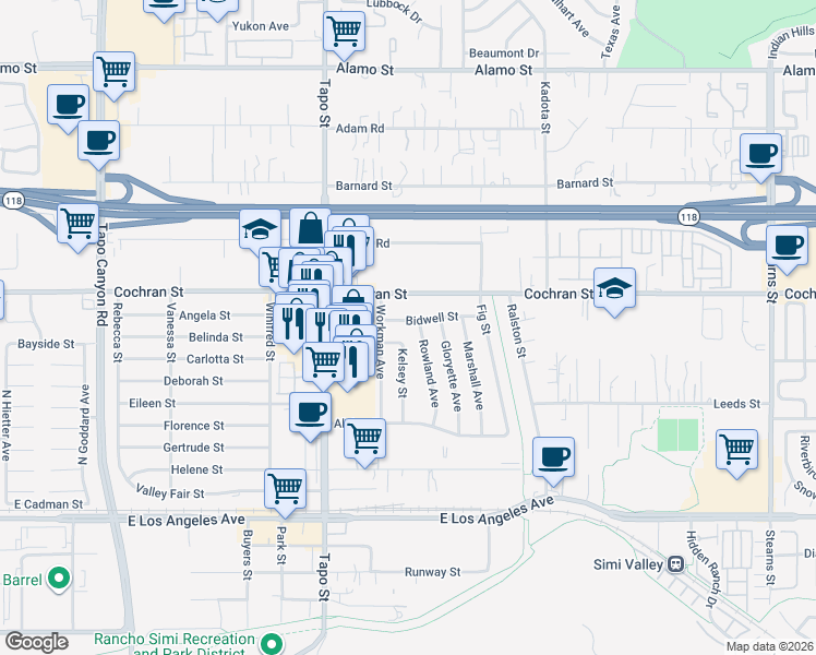 map of restaurants, bars, coffee shops, grocery stores, and more near 4504 Bidwell Street in Simi Valley