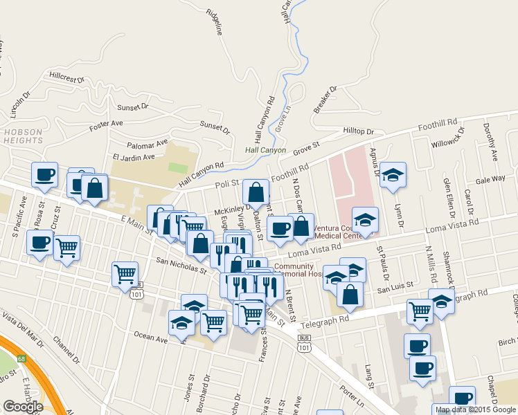 map of restaurants, bars, coffee shops, grocery stores, and more near 298 Dalton Street in Ventura