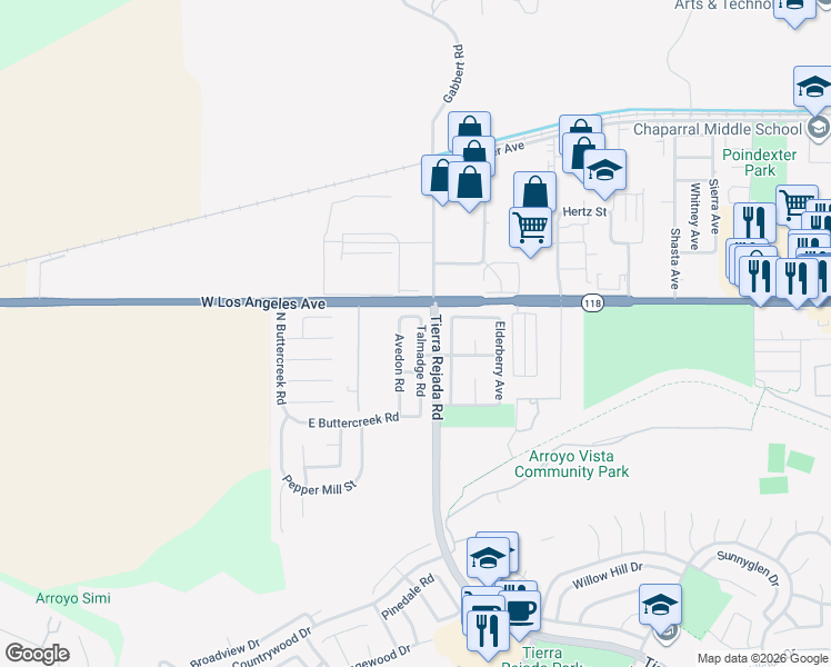 map of restaurants, bars, coffee shops, grocery stores, and more near 4847 Talmadge Road in Moorpark