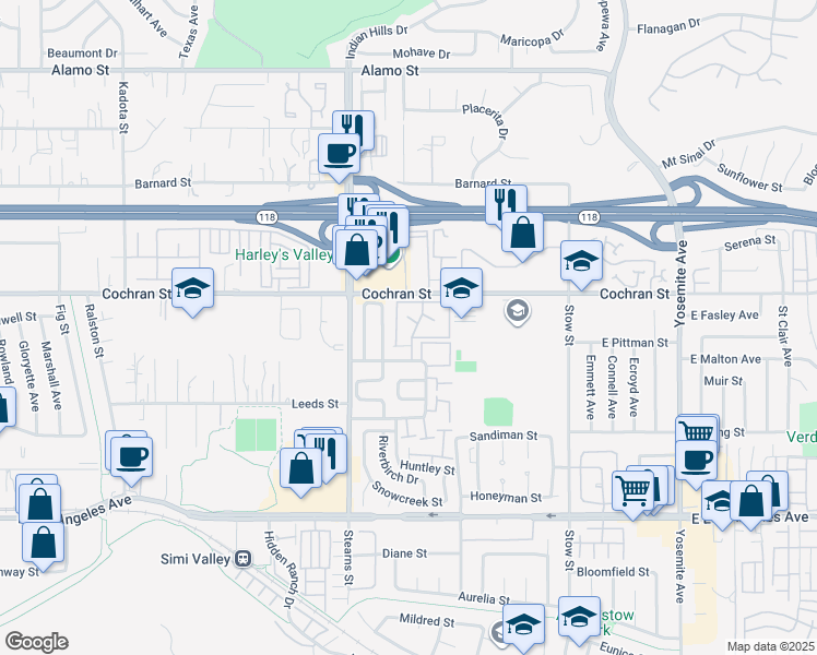 map of restaurants, bars, coffee shops, grocery stores, and more near 2343 Archwood Lane in Simi Valley