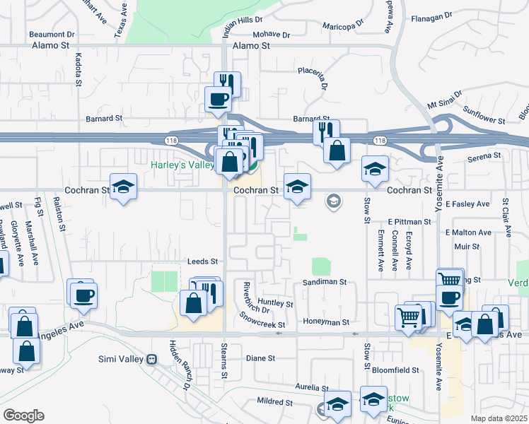 map of restaurants, bars, coffee shops, grocery stores, and more near 2343 Archwood Lane in Simi Valley