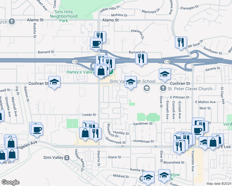 map of restaurants, bars, coffee shops, grocery stores, and more near 2343 Archwood Lane in Simi Valley