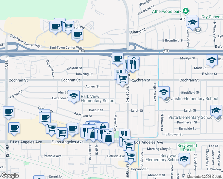 map of restaurants, bars, coffee shops, grocery stores, and more near 2296 Cordero Avenue in Simi Valley