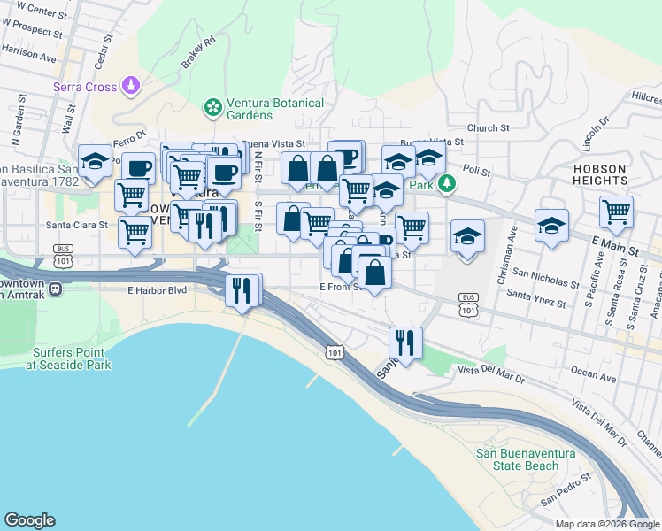map of restaurants, bars, coffee shops, grocery stores, and more near 918 East Thompson Boulevard in Ventura