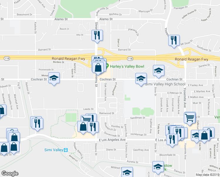 map of restaurants, bars, coffee shops, grocery stores, and more near 2343 Archwood Lane in Simi Valley