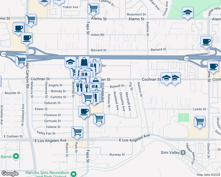 map of restaurants, bars, coffee shops, grocery stores, and more near 4504 Bidwell Street in Simi Valley