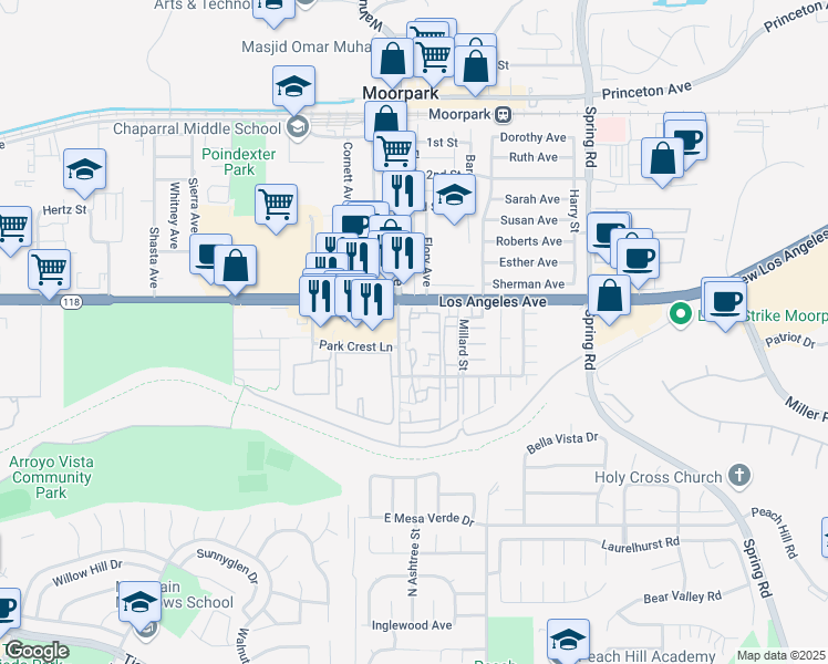 map of restaurants, bars, coffee shops, grocery stores, and more near 100 South Moorpark Avenue in Moorpark