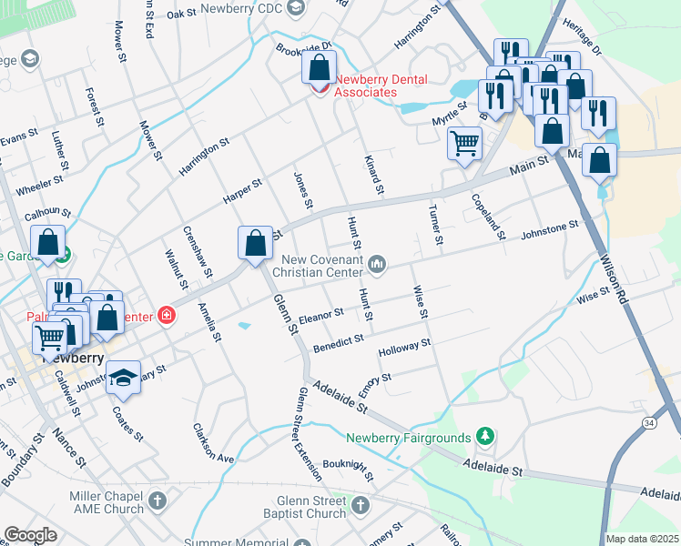 map of restaurants, bars, coffee shops, grocery stores, and more near 2203 Johnstone Street in Newberry