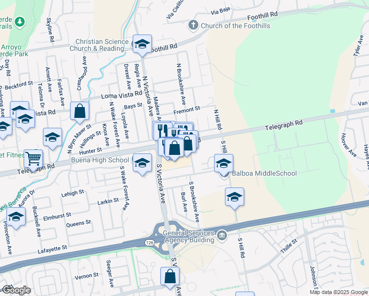 map of restaurants, bars, coffee shops, grocery stores, and more near 6128 Telegraph Road in Ventura