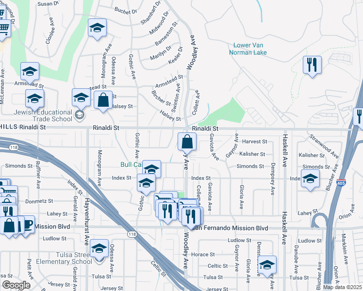 map of restaurants, bars, coffee shops, grocery stores, and more near 11451 Woodley Avenue in Los Angeles