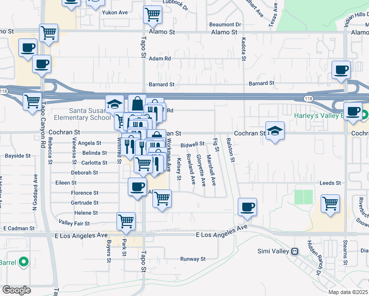 map of restaurants, bars, coffee shops, grocery stores, and more near 4504 Bidwell Street in Simi Valley