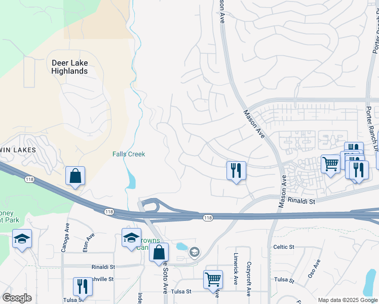 map of restaurants, bars, coffee shops, grocery stores, and more near 20819 Lugano Way in Los Angeles