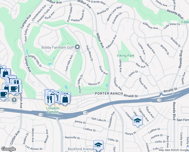 map of restaurants, bars, coffee shops, grocery stores, and more near 11355 Pala Mesa Drive in Los Angeles