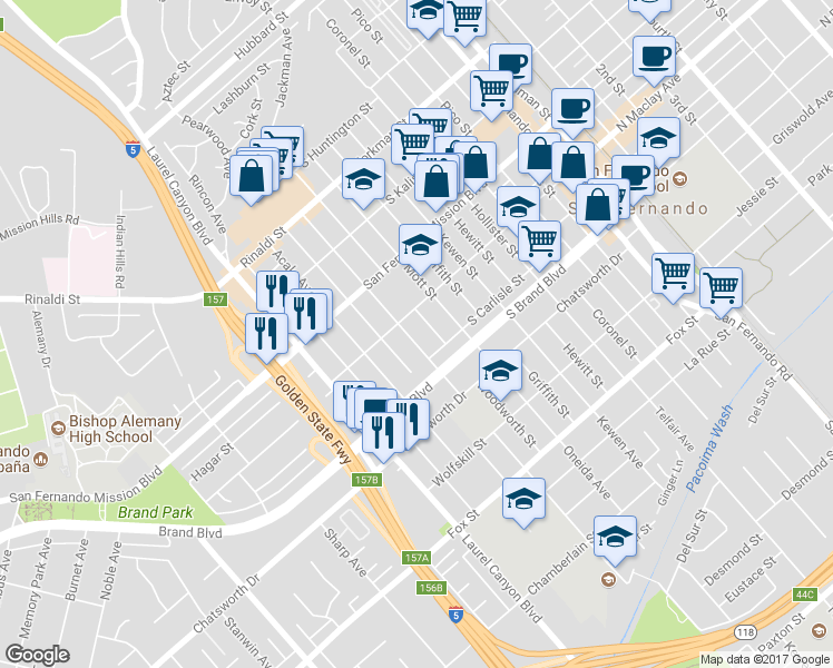map of restaurants, bars, coffee shops, grocery stores, and more near 1029 O Melveny Avenue in San Fernando