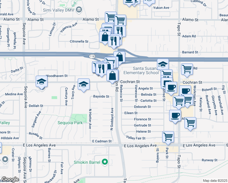 map of restaurants, bars, coffee shops, grocery stores, and more near 3946 Cochran Street in Simi Valley