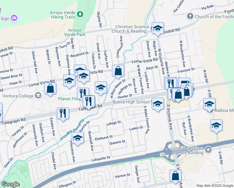map of restaurants, bars, coffee shops, grocery stores, and more near 5447 Hollings St in Ventura