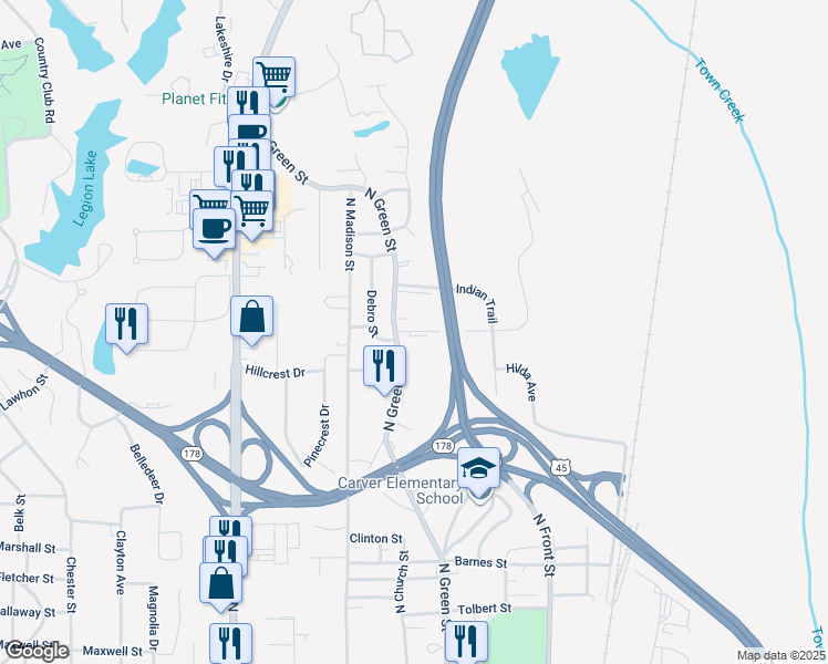map of restaurants, bars, coffee shops, grocery stores, and more near 508 Linden Hill Street in Tupelo