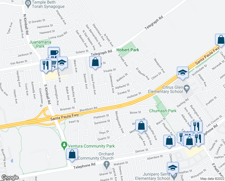 map of restaurants, bars, coffee shops, grocery stores, and more near 323 Lakewood Avenue in Ventura