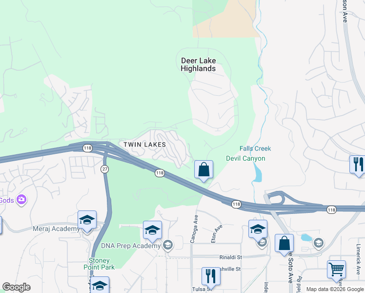 map of restaurants, bars, coffee shops, grocery stores, and more near Aucas Drive in Los Angeles