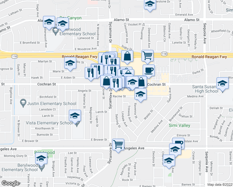 map of restaurants, bars, coffee shops, grocery stores, and more near 2752 Cochran Street in Simi Valley
