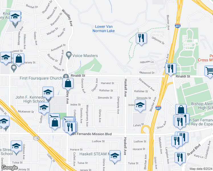 map of restaurants, bars, coffee shops, grocery stores, and more near 15918 Harvest Street in Los Angeles
