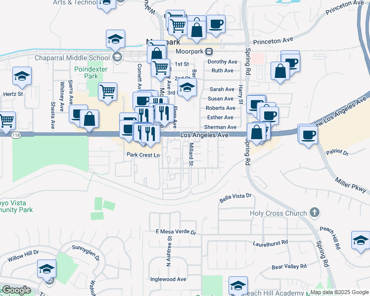 map of restaurants, bars, coffee shops, grocery stores, and more near 150 East Los Angeles Avenue in Moorpark
