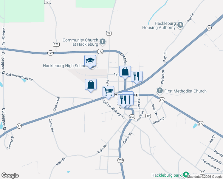 map of restaurants, bars, coffee shops, grocery stores, and more near 122 Nix Rd in Hackleburg