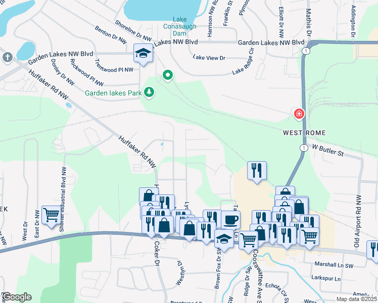 map of restaurants, bars, coffee shops, grocery stores, and more near 104 Lyons Drive Northwest in Rome
