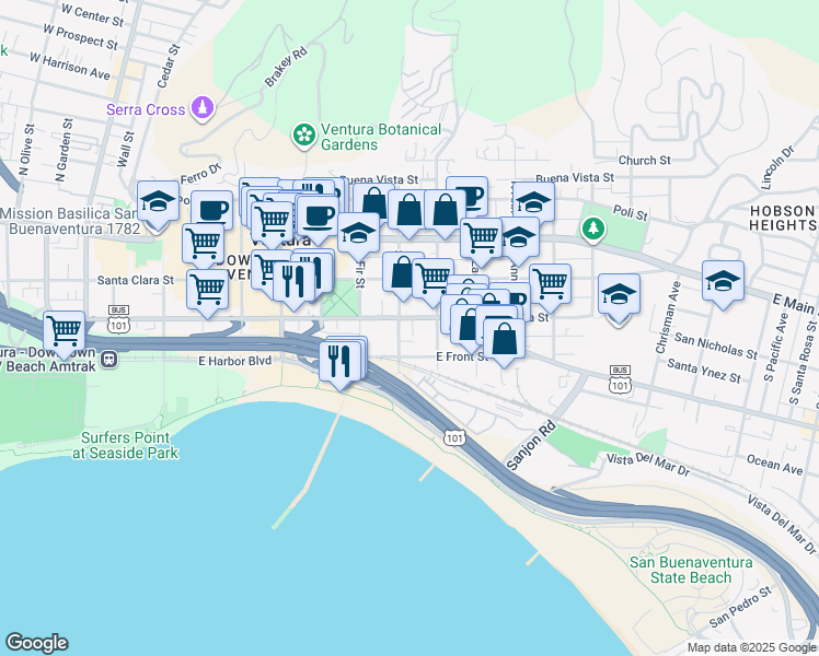 map of restaurants, bars, coffee shops, grocery stores, and more near 828 East Thompson Boulevard in Ventura