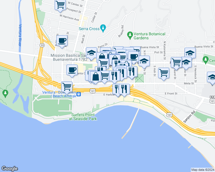 map of restaurants, bars, coffee shops, grocery stores, and more near 350 East Thompson Boulevard in Ventura