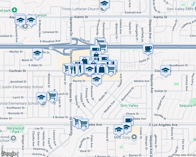 map of restaurants, bars, coffee shops, grocery stores, and more near 2880 Cochran Street in Simi Valley