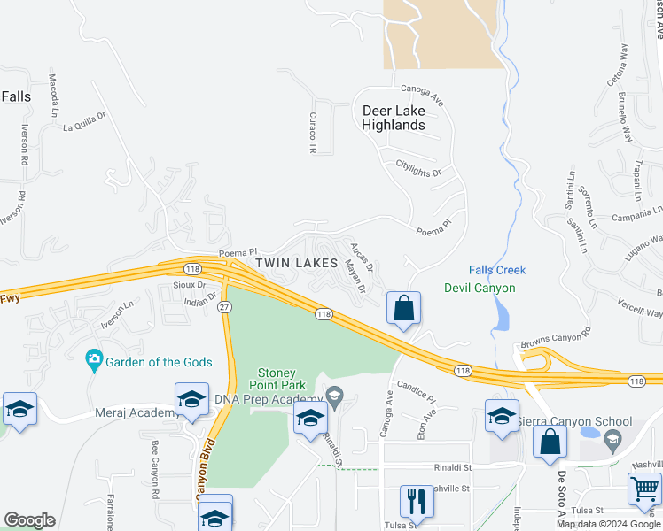 map of restaurants, bars, coffee shops, grocery stores, and more near 21492 Arapahoe Trail in Los Angeles County