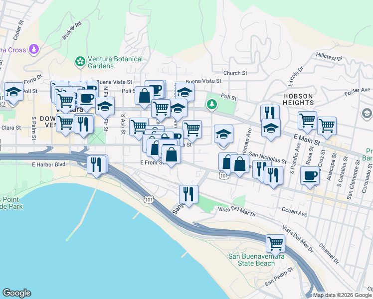 map of restaurants, bars, coffee shops, grocery stores, and more near 1156 Meta Street in Ventura