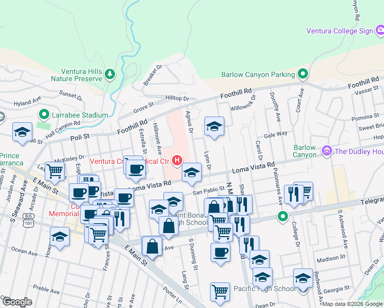map of restaurants, bars, coffee shops, grocery stores, and more near 273 Agnus Drive in Ventura