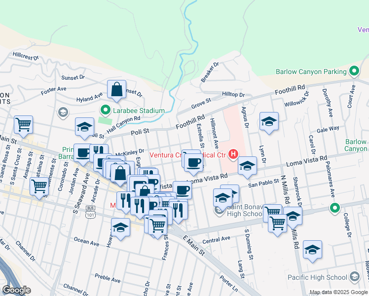 map of restaurants, bars, coffee shops, grocery stores, and more near 310 Homer Avenue in Ventura