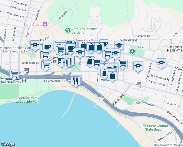 map of restaurants, bars, coffee shops, grocery stores, and more near 870 East Thompson Boulevard in Ventura