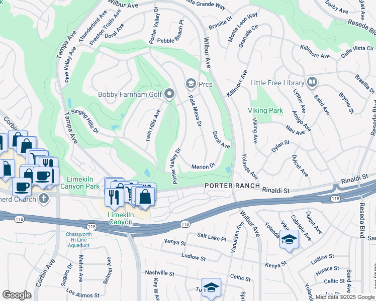 map of restaurants, bars, coffee shops, grocery stores, and more near 19129 Pala Mesa Place in Los Angeles