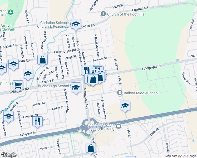 map of restaurants, bars, coffee shops, grocery stores, and more near 6128 Telegraph Road in Ventura